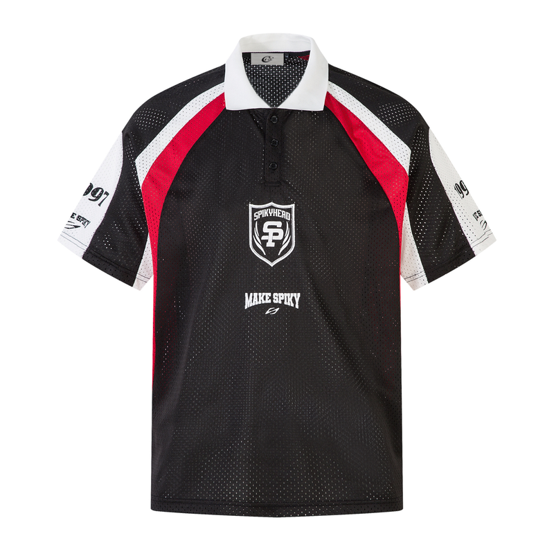 Black mesh polo shirt with white collar and red colorblock sleeves, featuring Spikyhead logo and streetwear graphics