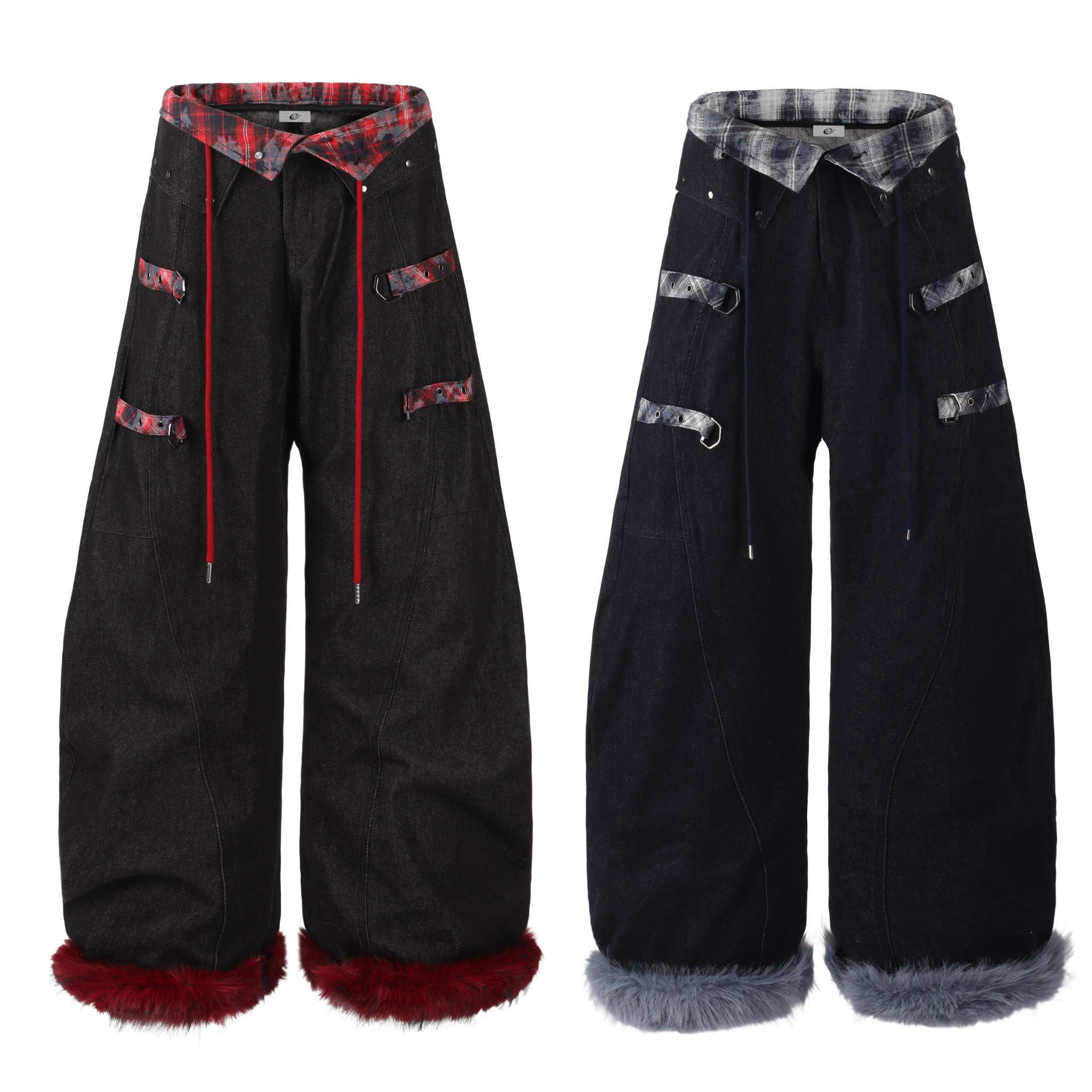 Omirad black and navy barrel leg denim pants with red and grey plaid waistband, D-ring straps, and faux fur cuffs