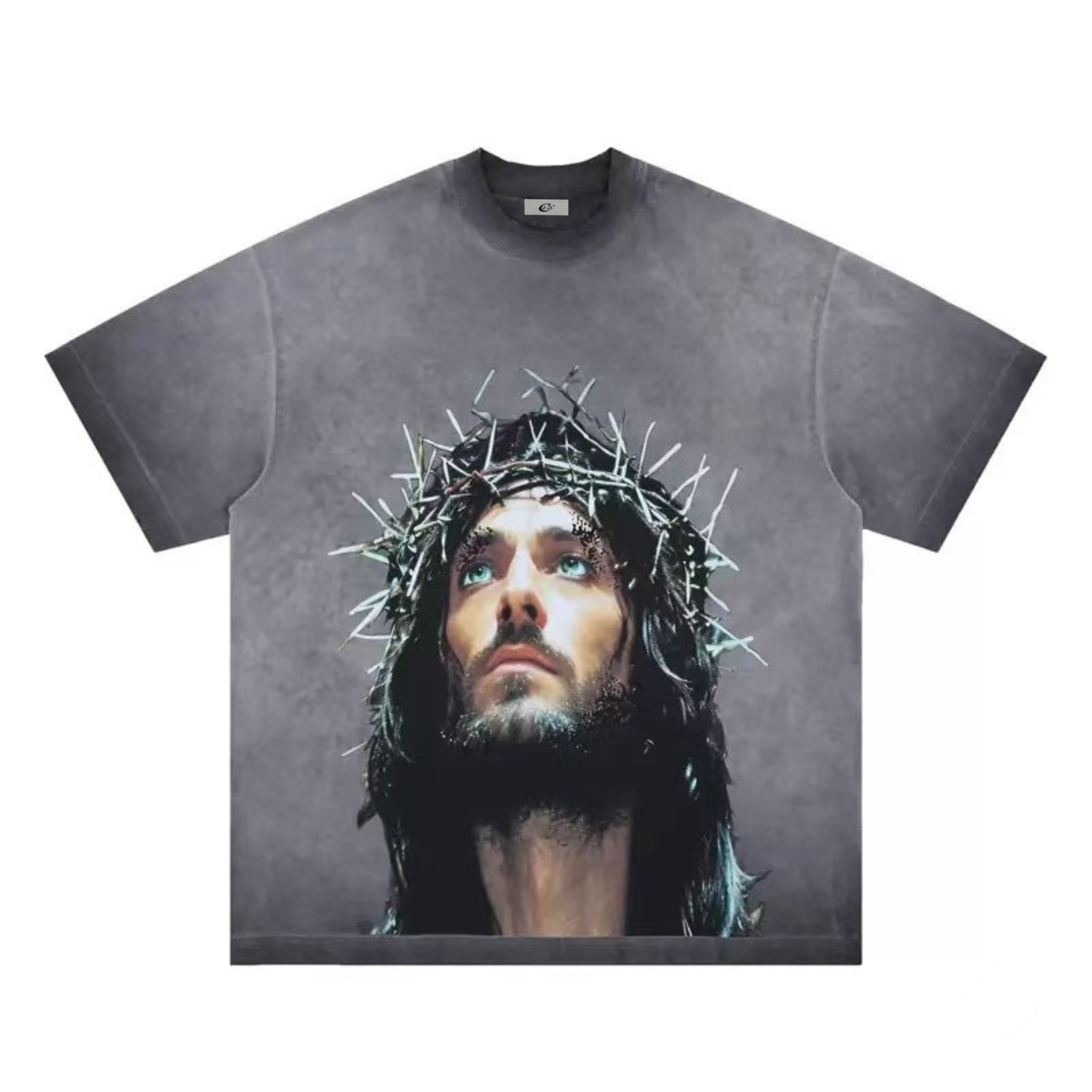 Washed gray oversized graphic tee with a high-resolution crown of thorns portrait print on the front chest panel