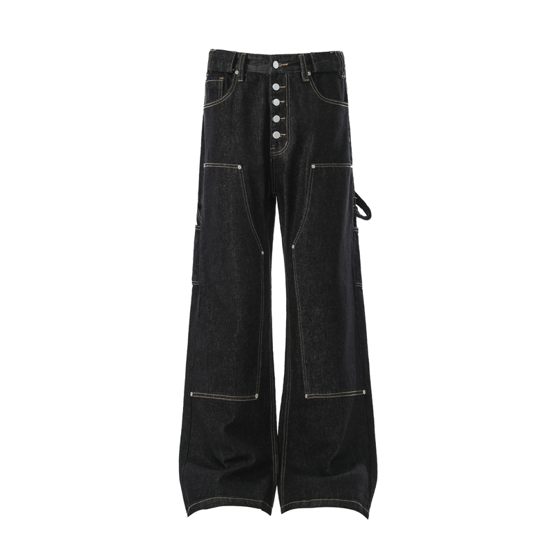Front view of black cargo denim pants with button fly, wide legs, and large patch pockets