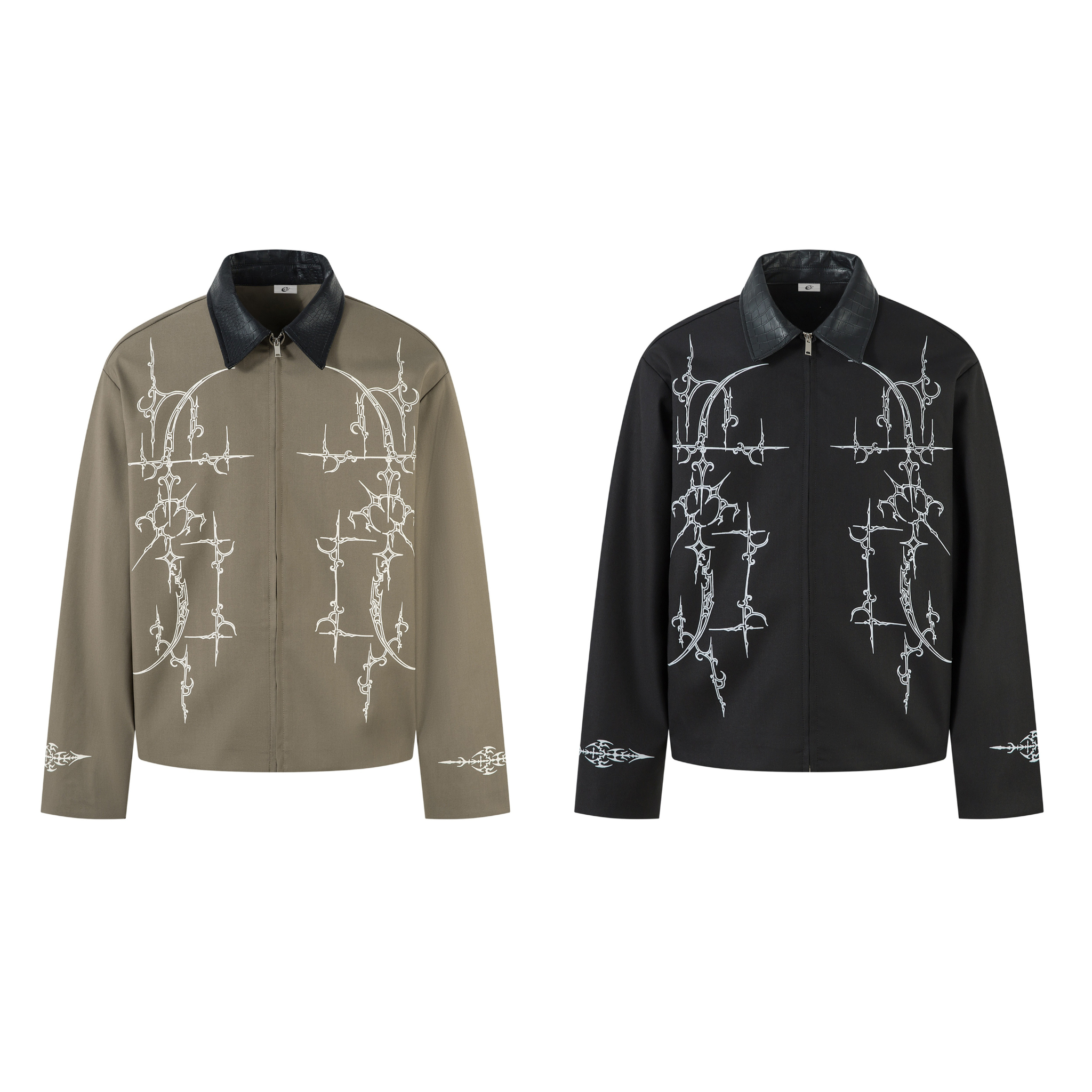 Olive and black barbed graphic zip jackets with faux-leather collar and white cross motif print, front view