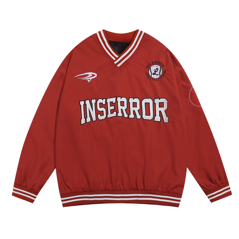 Red varsity sweatshirt front with white striped V-neck and INSERROR lettering
