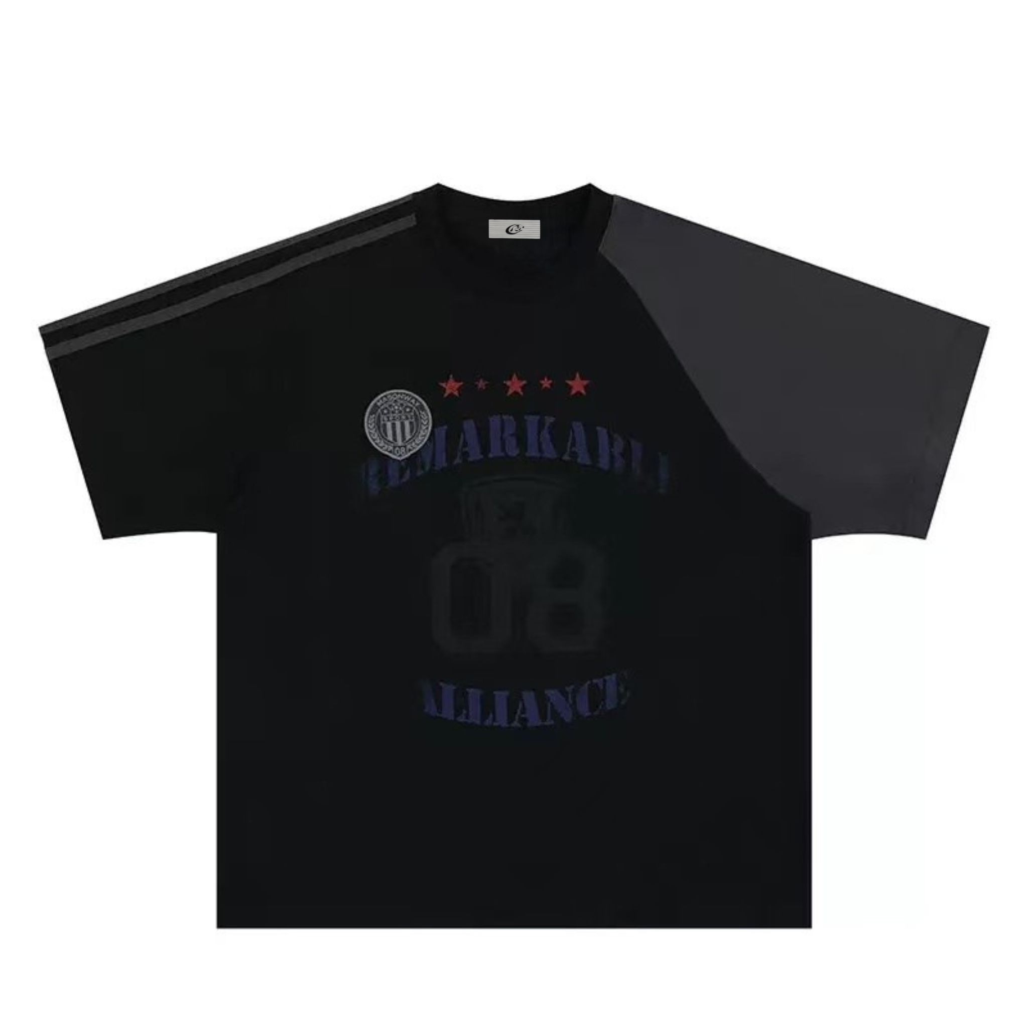 Black oversized varsity t-shirt with dark grey contrast raglan sleeves and faded collegiate chest graphic reading Remarkably