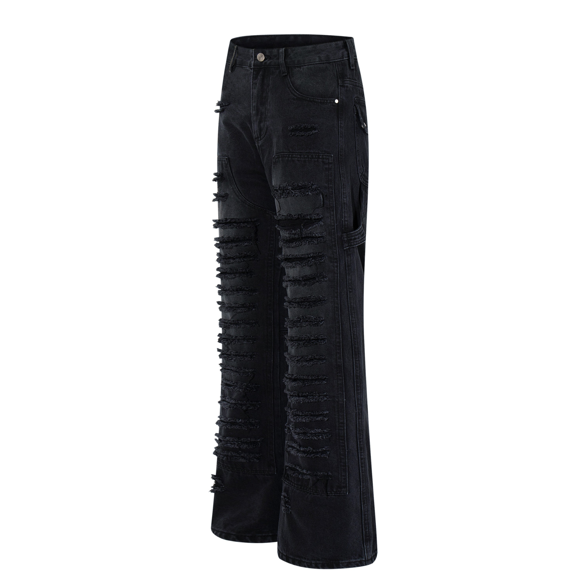 Omirad Shredded Ribbed Black Wide-Leg Cargo Jeans
