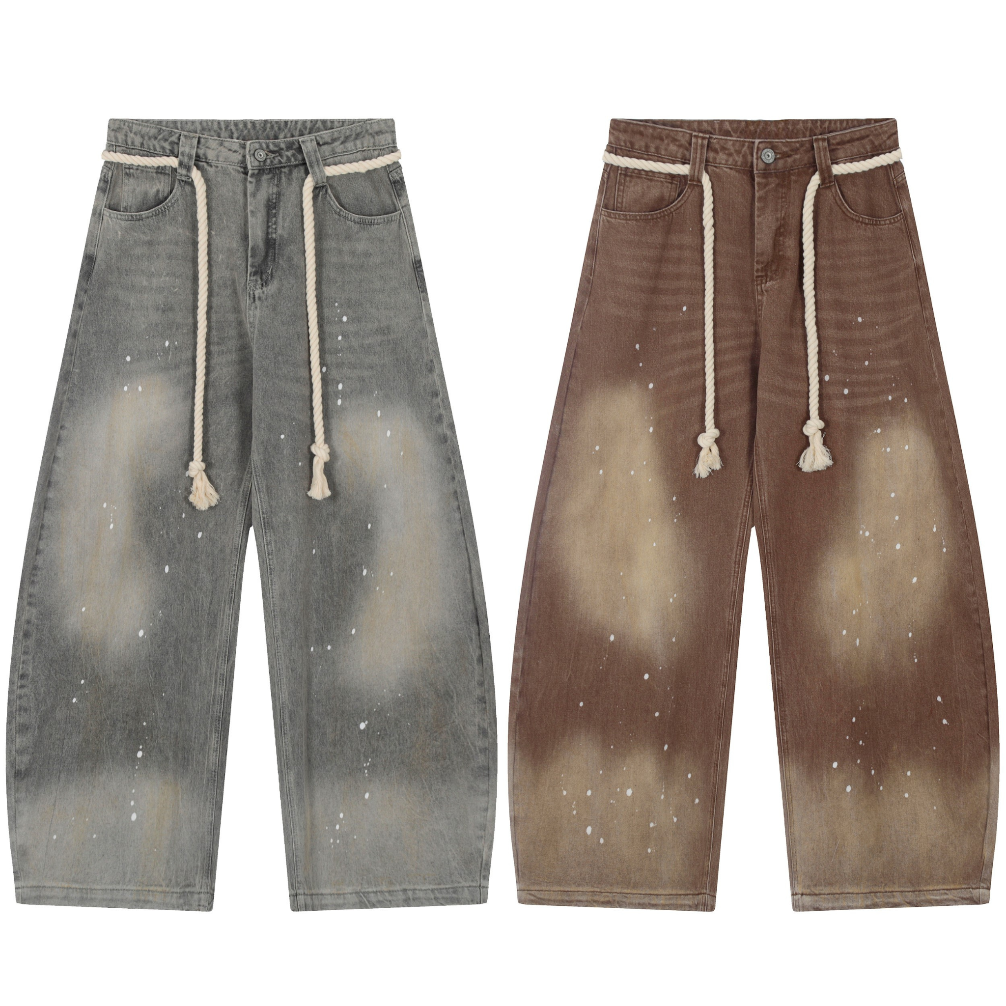Grey and brown vintage wash wide-leg jeans with rope waist tie and white paint-splatter detailing, displayed flat on white ba