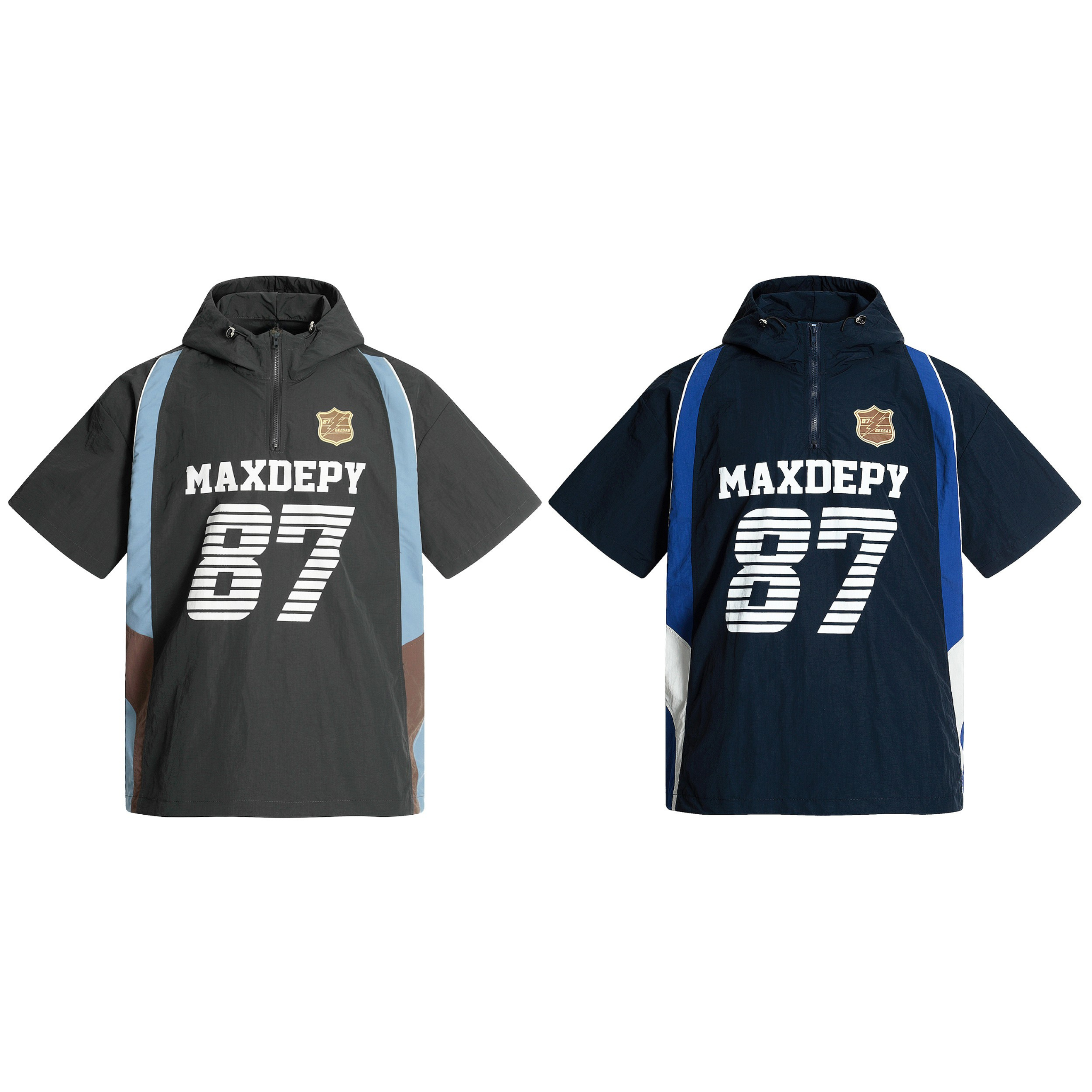 MAXDEPY 87 nylon hooded half-zip jersey in charcoal with sky blue contrast panels and varsity chest graphic