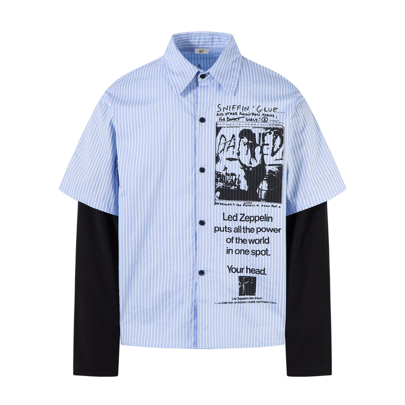 Light blue pinstripe button-up shirt with black graphic print on the front, front view