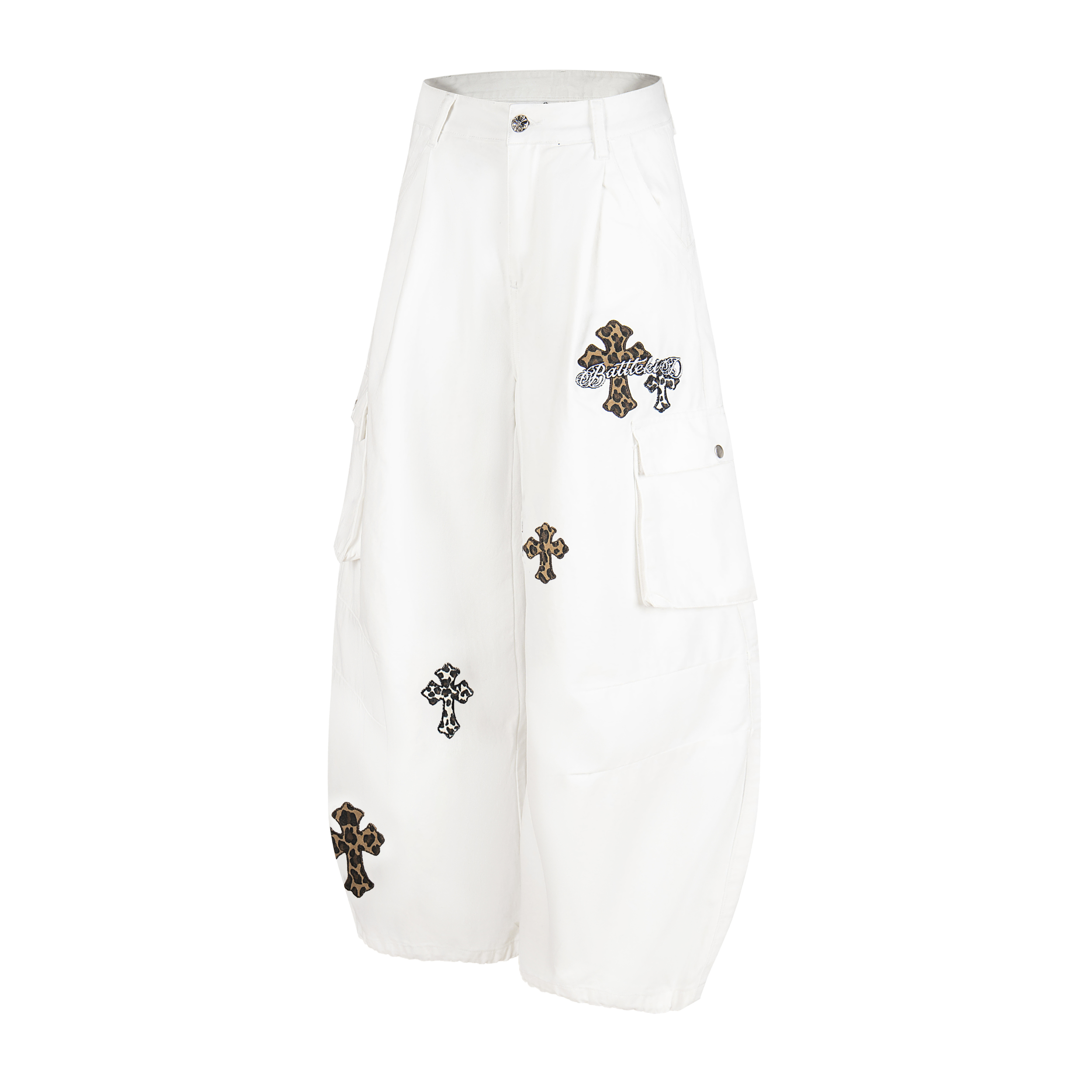 Leopard Cross Embroidered Wide-Leg Cargo Pants | Streetwear
