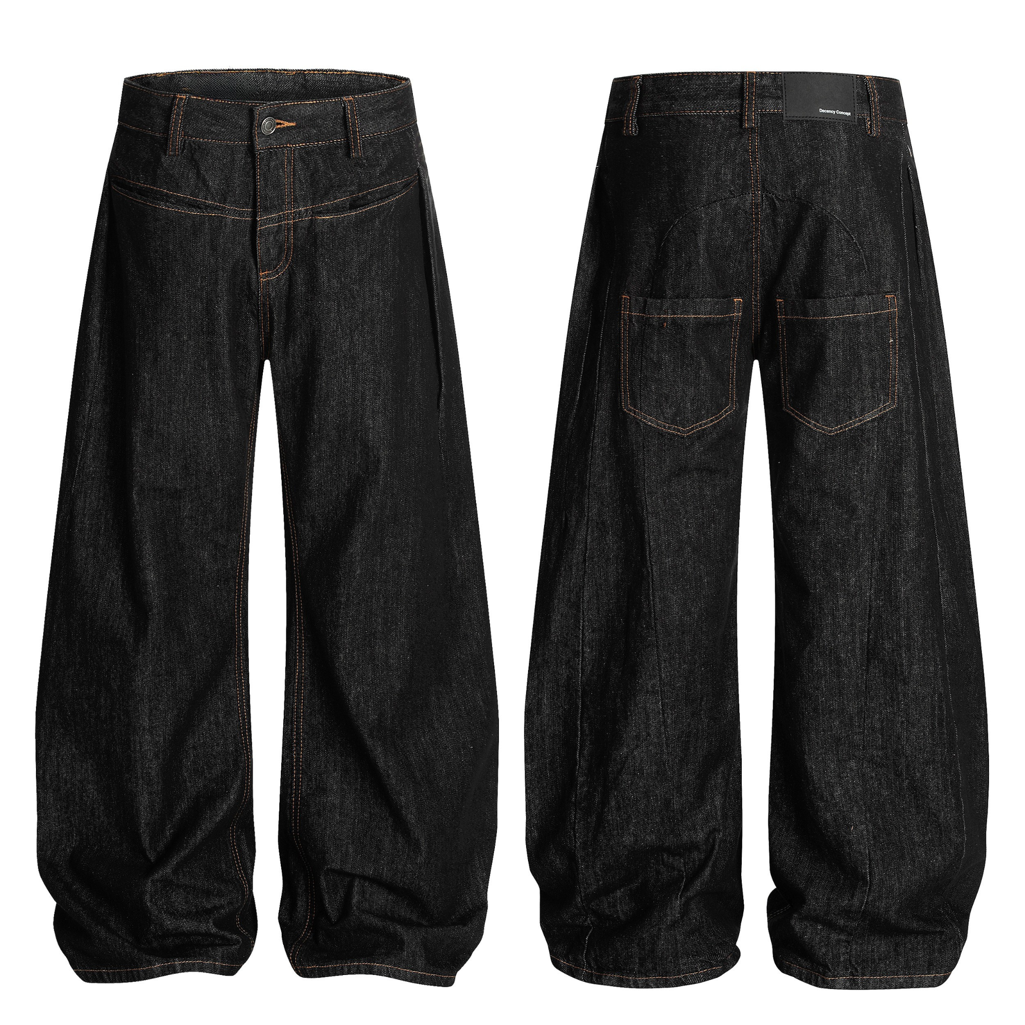 Front and back view of raw black wide-leg balloon denim jeans with orange contrast stitching and curved panel construction