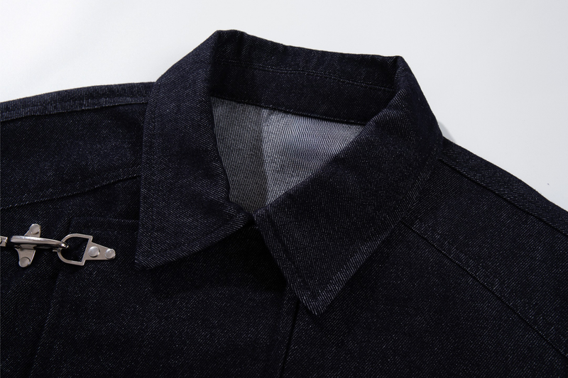 Men's Dark Indigo Denim Jacket with Metal Buckle Detail