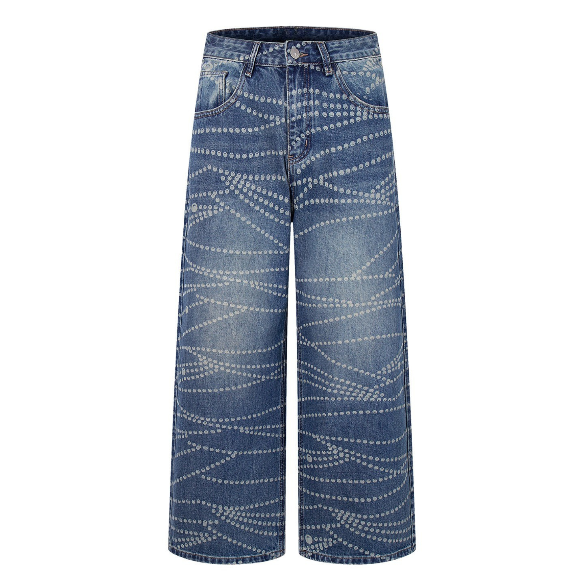Wide-Leg Dot-Pattern Denim Pants | Washed Streetwear Jeans
