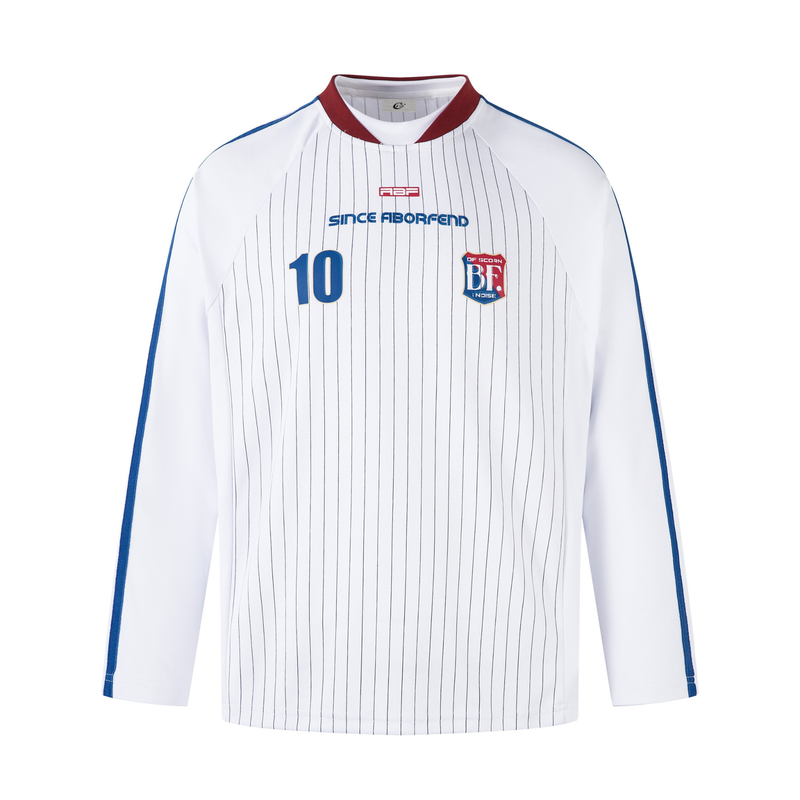 White long-sleeve football jersey with pinstripes, red collar, blue shoulder trim, front view