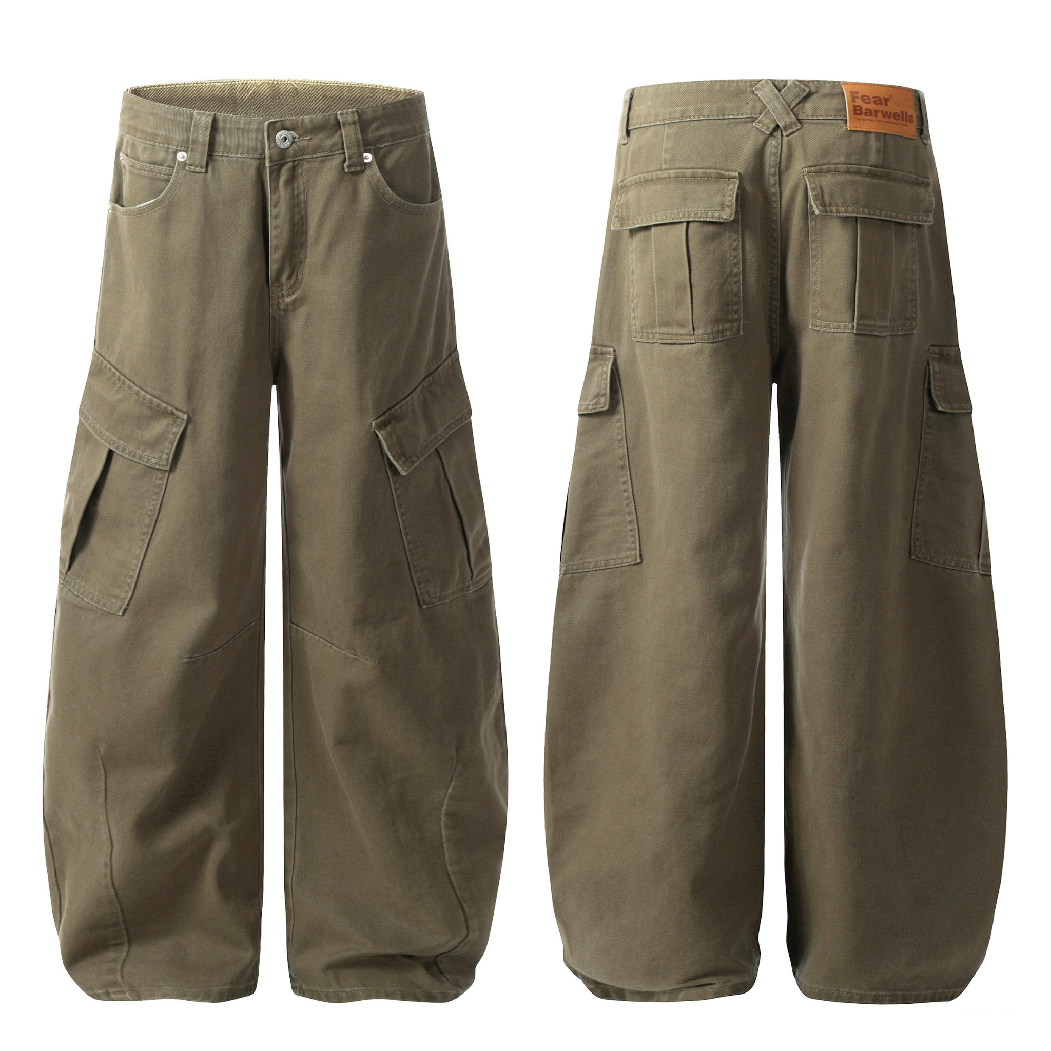 Front and back view of olive wide-leg cargo jeans with multi-layer thigh pockets and crossover belt-loop detail