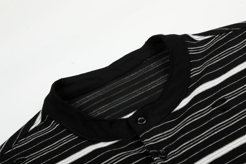 Close-up of black collar and button placket on striped Henley long sleeve tee