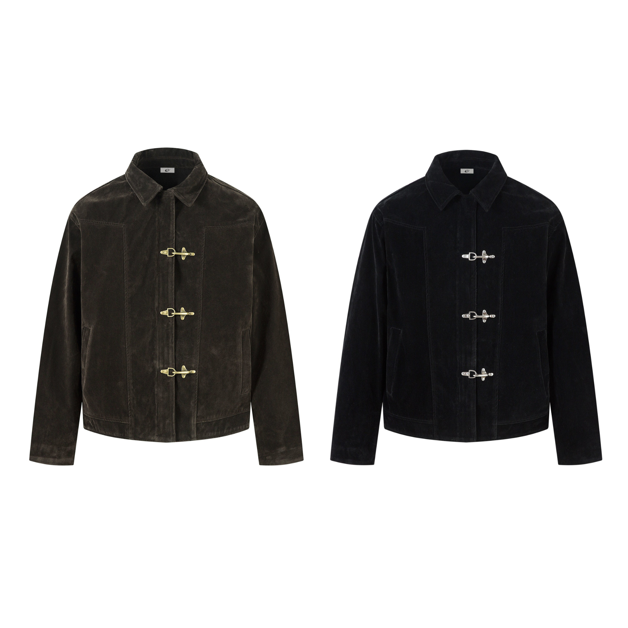 Black suede-texture jacket with silver metal clasp closures, structured silhouette, and shirt collar on white background