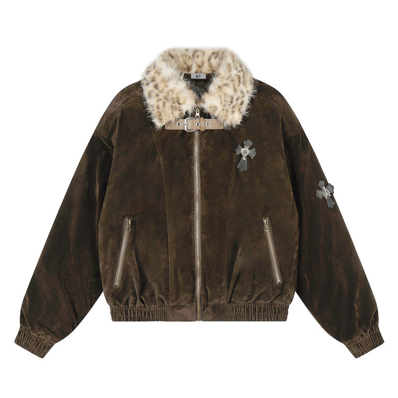 Faux Fur Collar Suede-Texture Bomber Jacket | Omirad