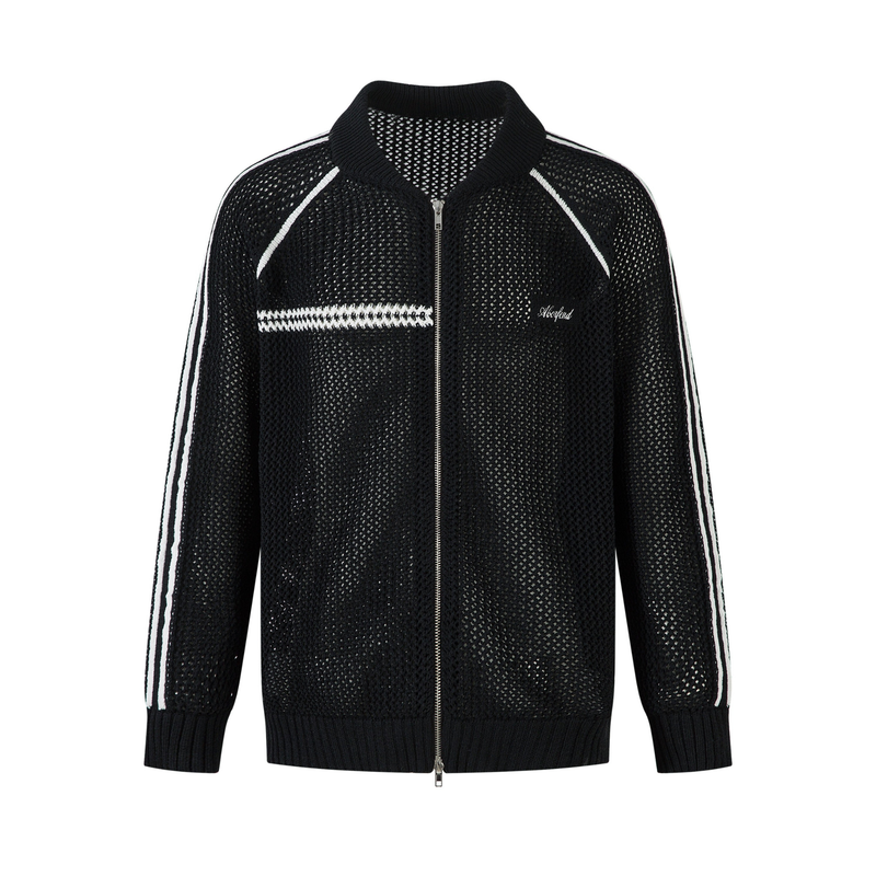 Black mesh knit track jacket with white stripe details, front view
