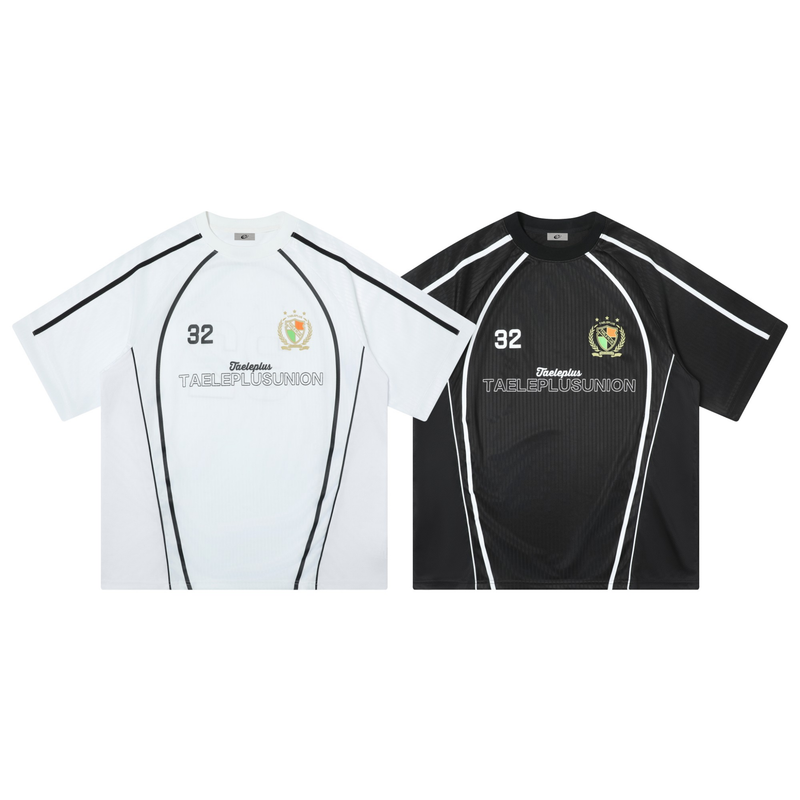 White and black Taeleplus Union 32 sports jerseys with contrast piping and crest logo on a clean background