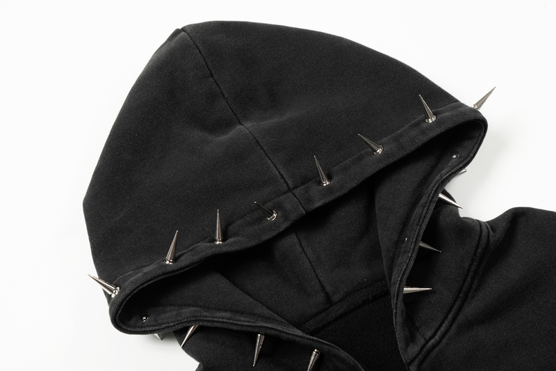 Close-up of black hoodie hood with silver spike studs