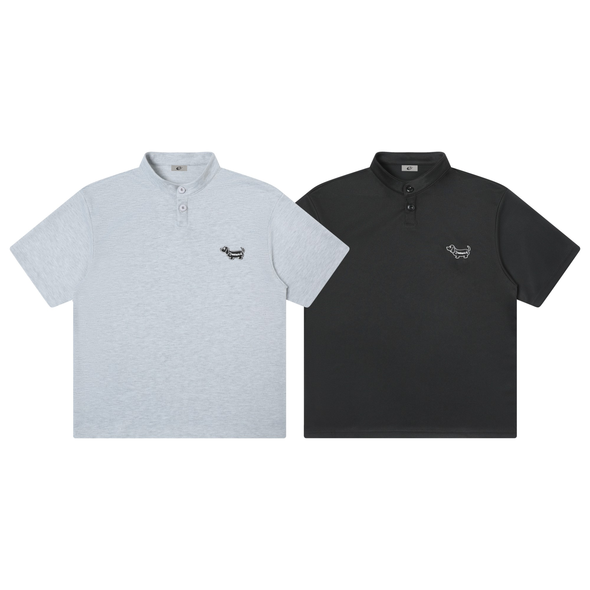 Light grey and dark charcoal embroidered polo shirts with dachshund chest logo and stand collar, laid flat on white backgroun