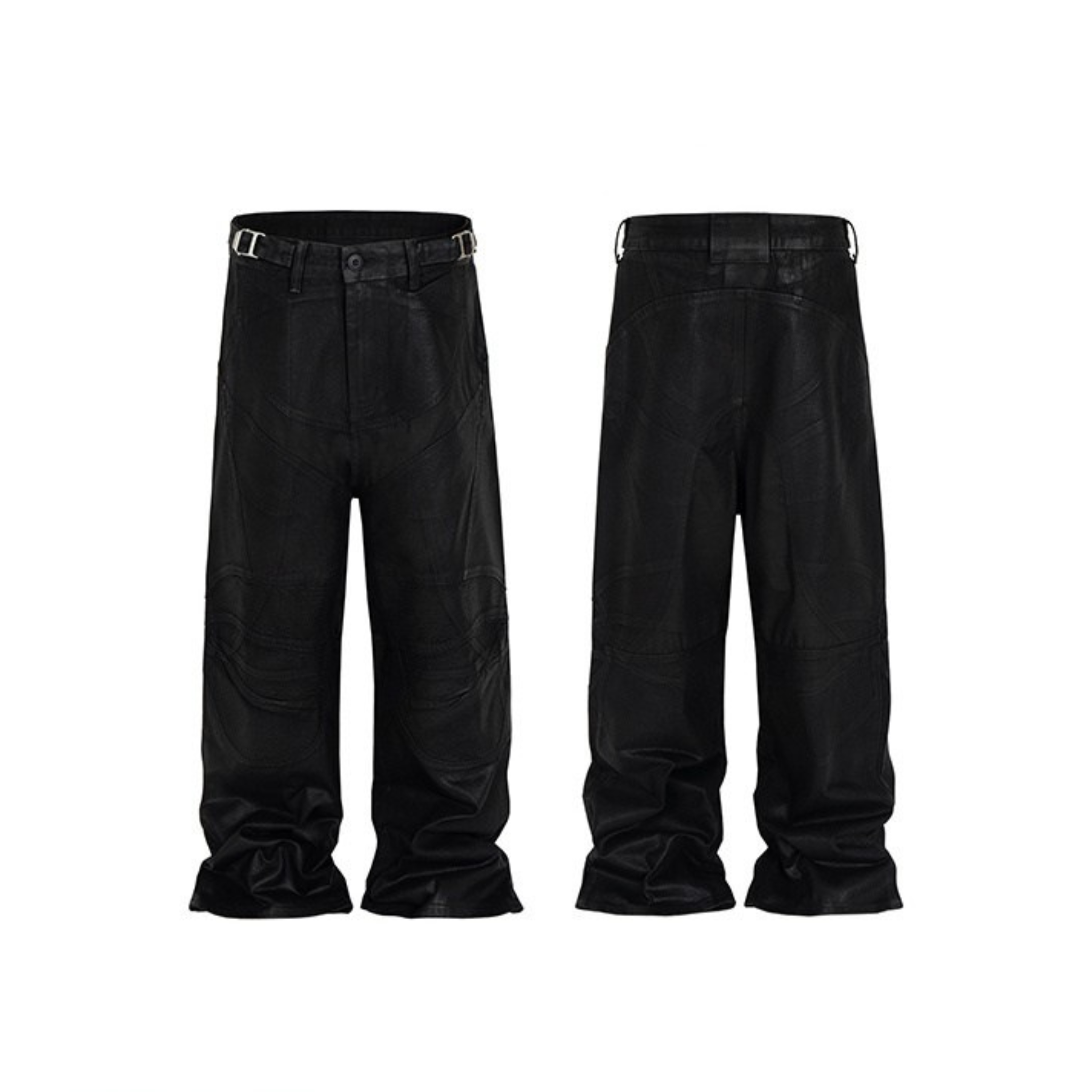 Front and back view of black leather-effect wide-leg pants with curved stitch panels and stacked gathered hems
