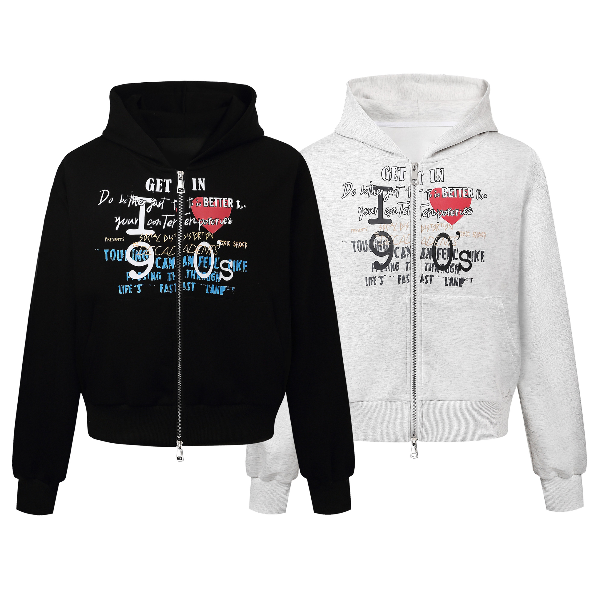 Black and heather grey Omirad graphic zip hoodies with multi-layer collage print lettering and red heart motif on the chest