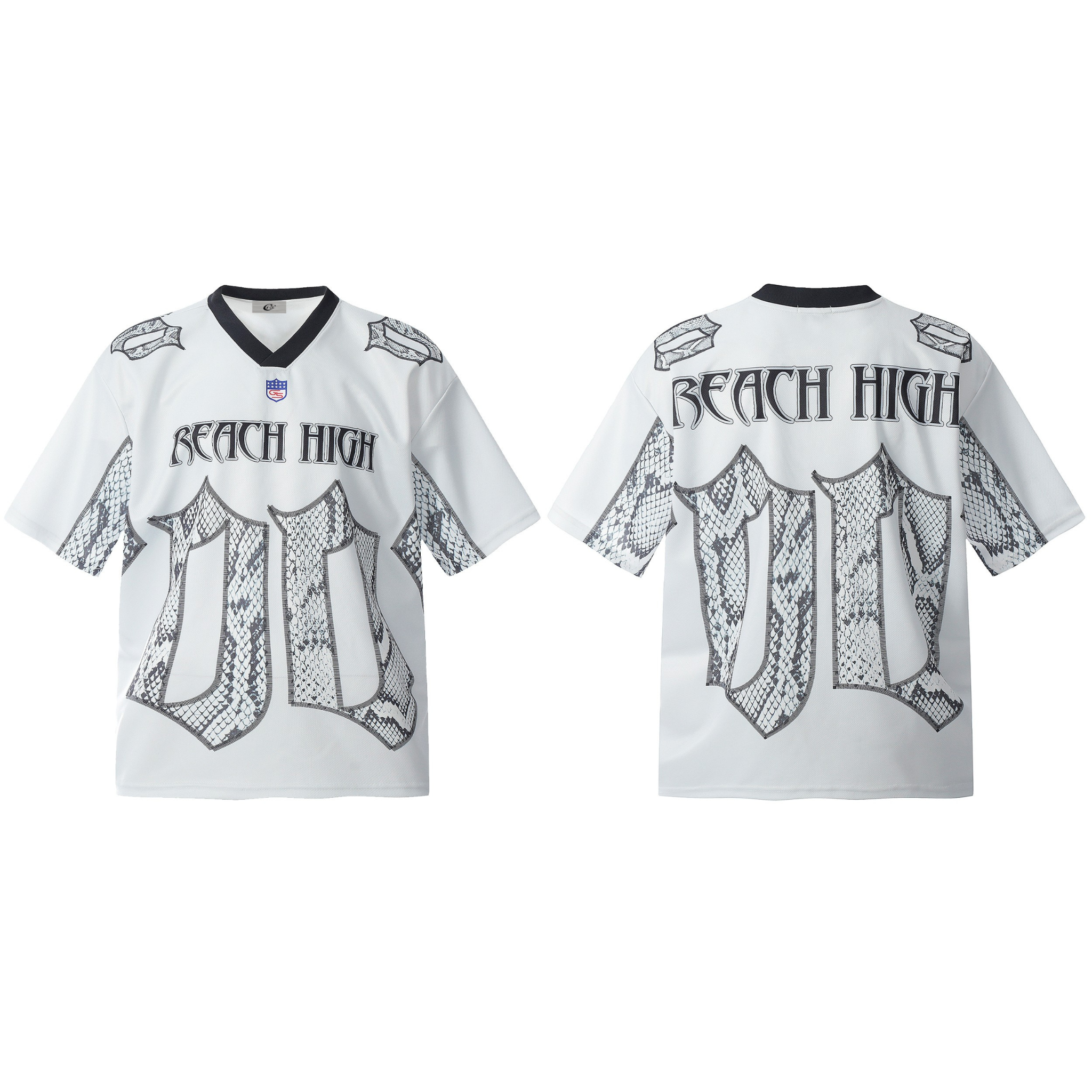 Omirad Reach High white football jersey tee with snakeskin graphic panels and gothic lettering, front and back view