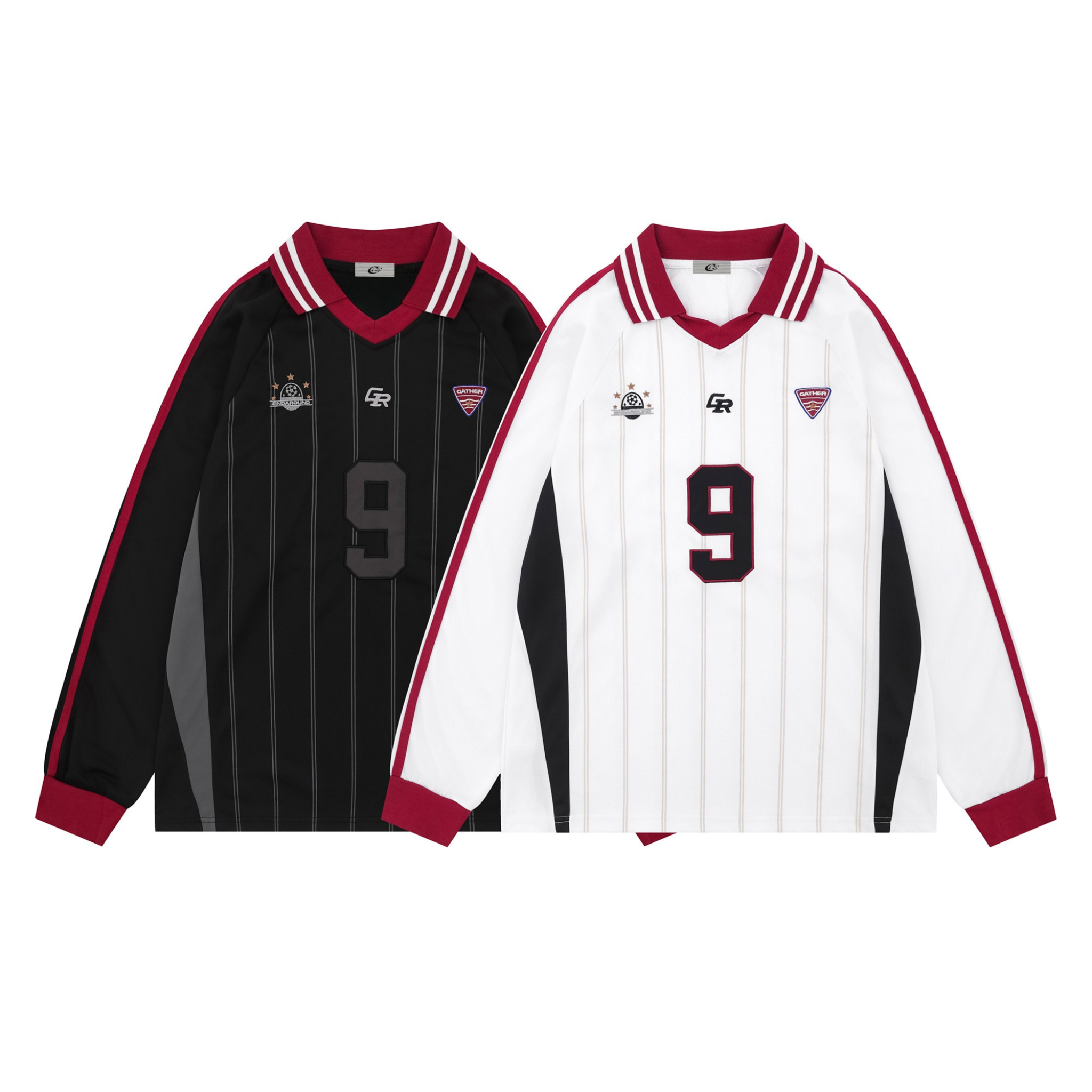 Black and white pinstripe long-sleeve soccer jerseys with number 9 graphic, crimson collar and cuff detailing, laid flat on w