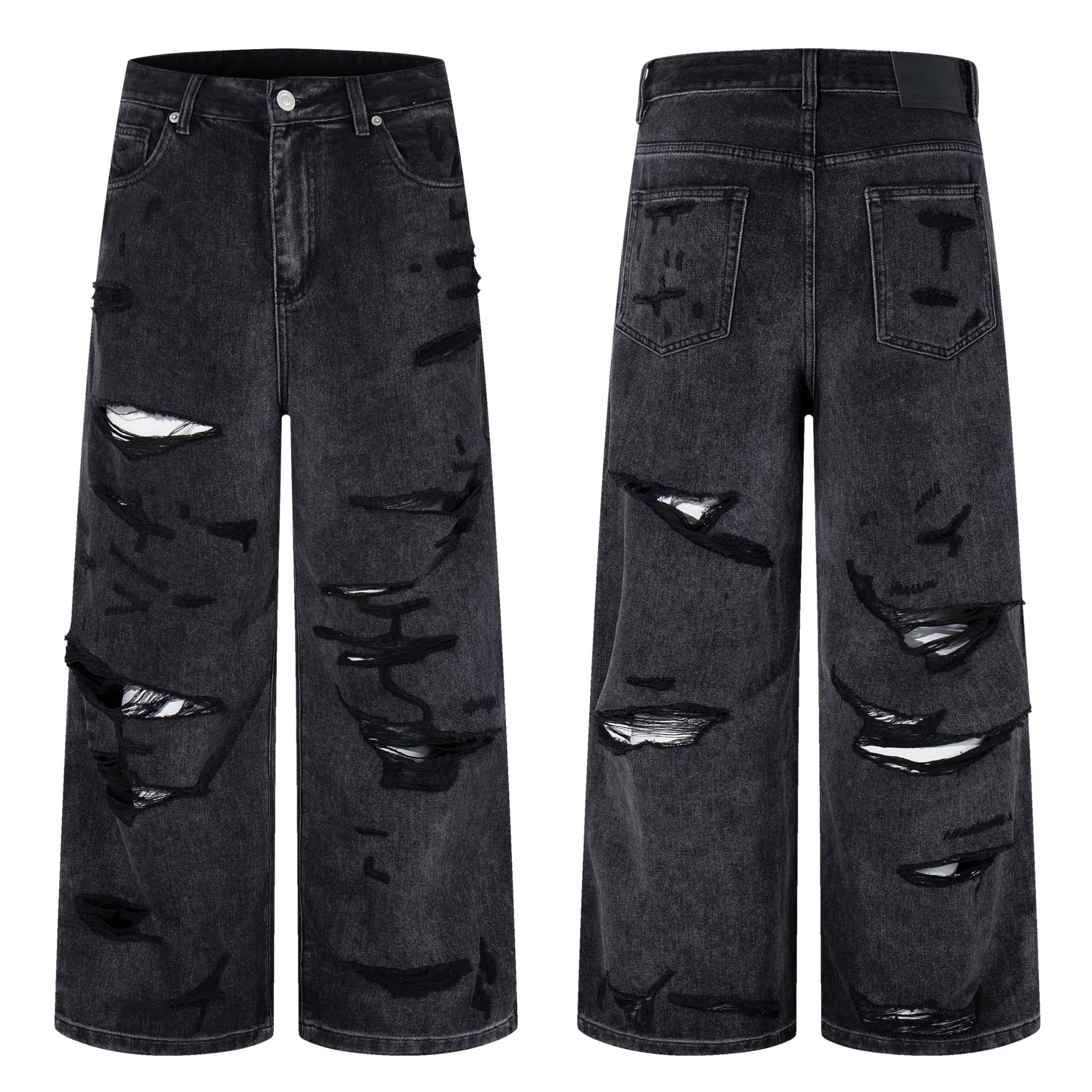 Front and back view of charcoal wide-leg distressed jeans with black coated underlays visible through heavy rips
