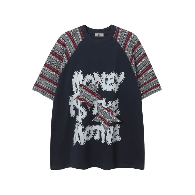 Black Seakoff graphic T-shirt with patchwork striped sleeves and Money Is The Motive print on the front