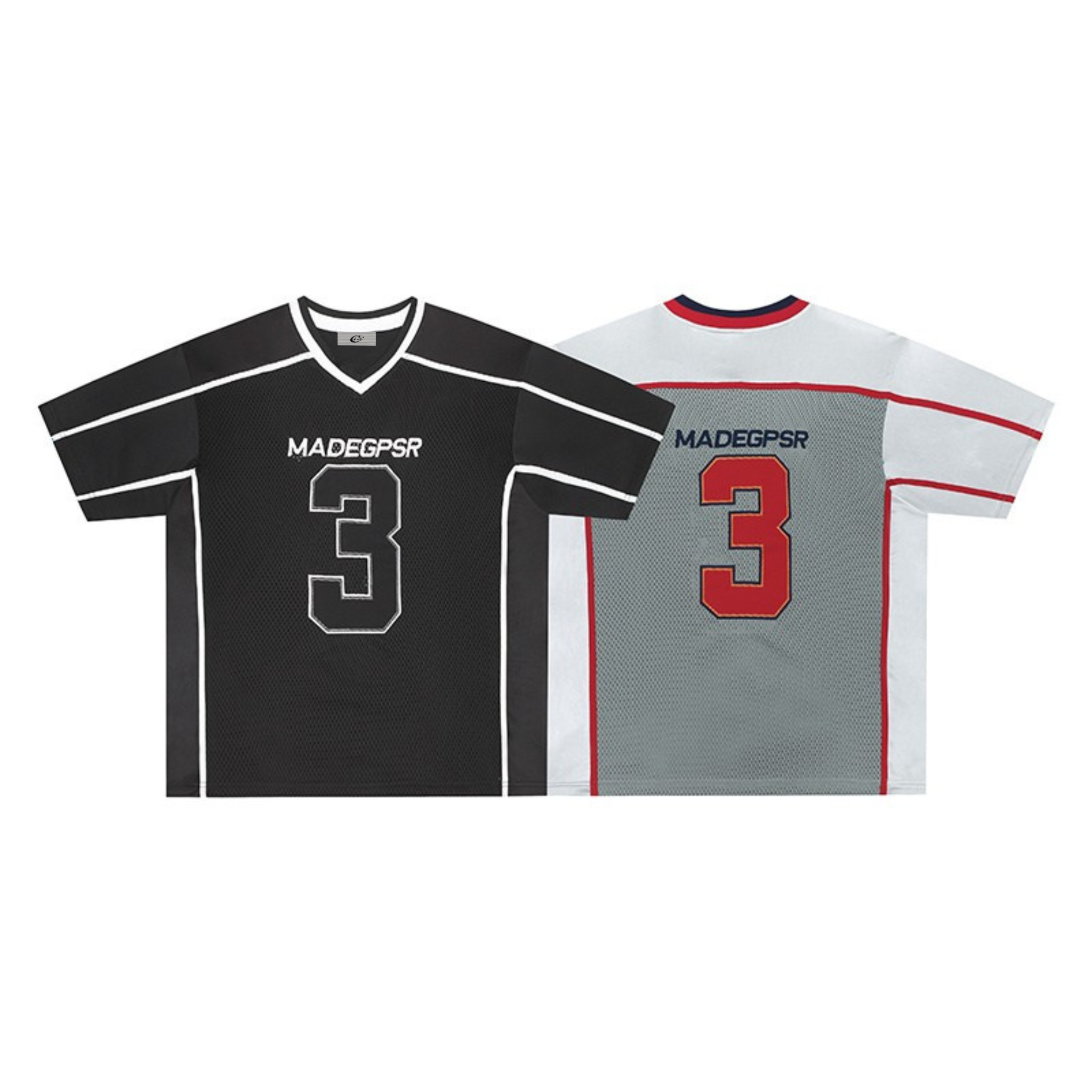 Black oversized mesh football jersey tee with white contrast piping and large varsity number 3 print on front