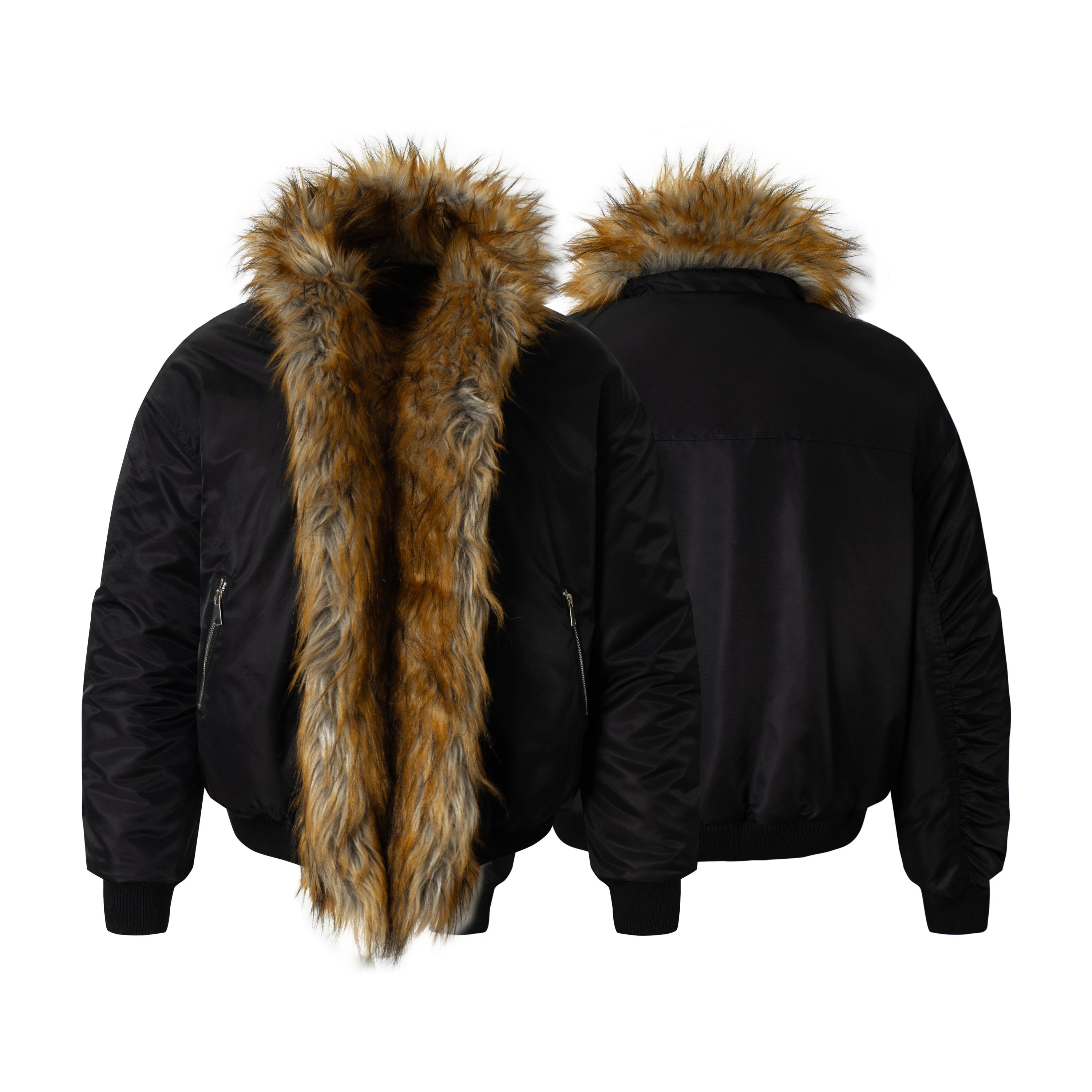Black padded bomber jacket with brown faux-fur collar and full-length front fur trim, shown from front and back