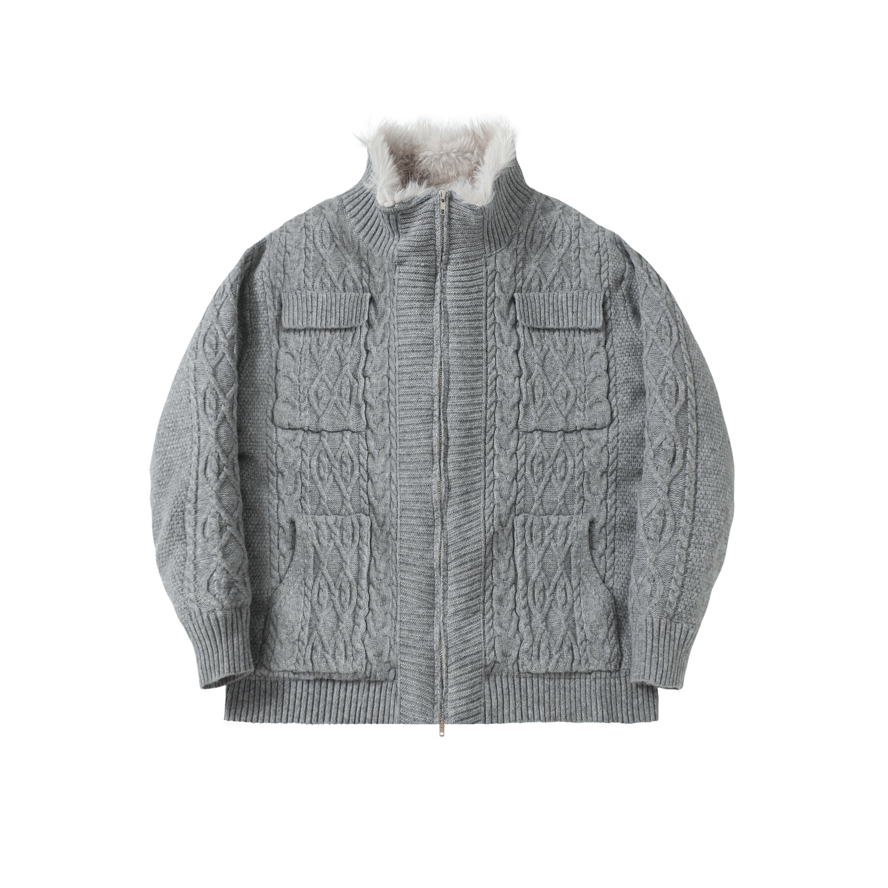 Fleece-Lined Cable Knit Zip Jacket | Faux Fur Collar
