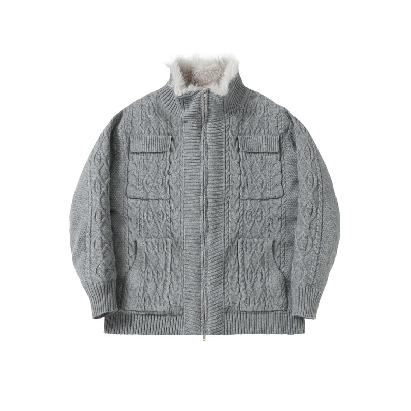 Fleece-Lined Cable Knit Zip Jacket | Faux Fur Collar