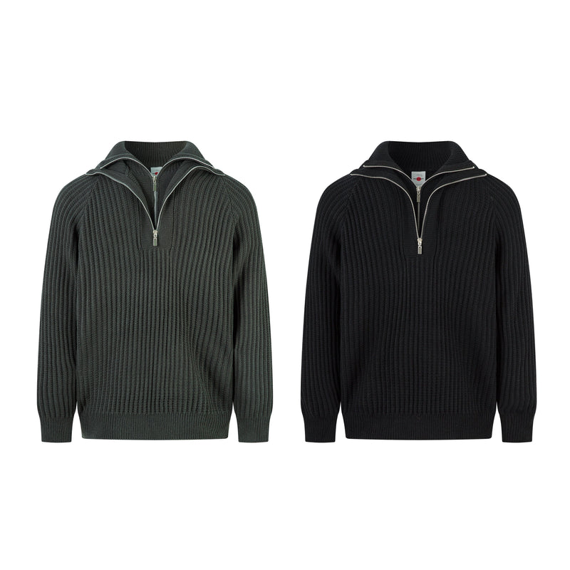 Dark ribbed knit sweater shown in green and black front views with half-zip collar and long sleeves