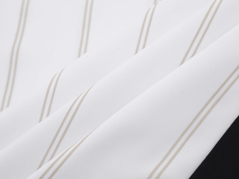 White mesh soccer jersey fabric with subtle beige pinstripes and textured streetwear polo detailing