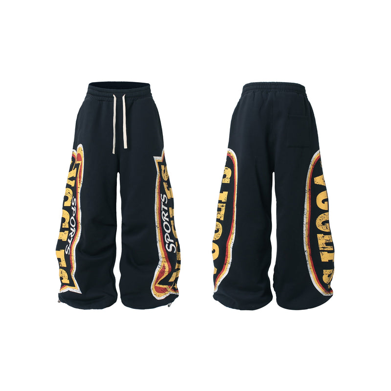 Fleece-Lined Wide-Leg Sweatpants | Distressed Sports Letter Print