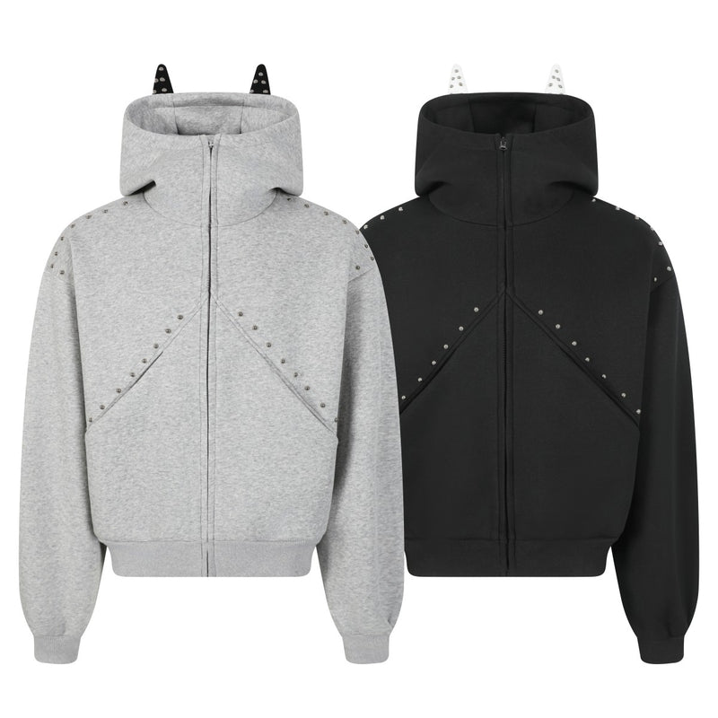Omirad devil horn studded zip hoodie in heather grey and black, showing 3D horn hood detail and metallic stud seam accents