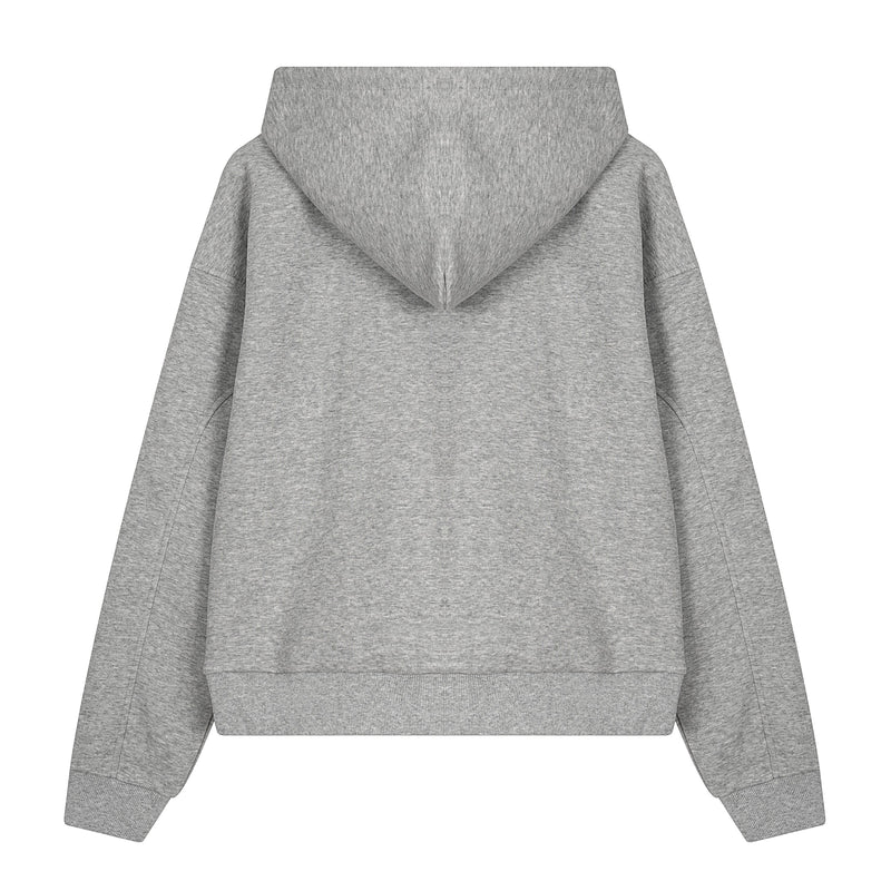 Heather grey zip hoodie back view with large hood and ribbed hem and cuffs