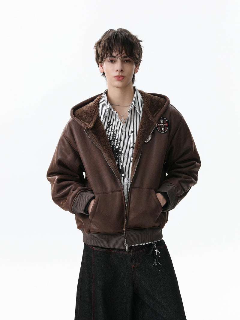 Omirad Badge PU Leather Hooded Varsity Jacket