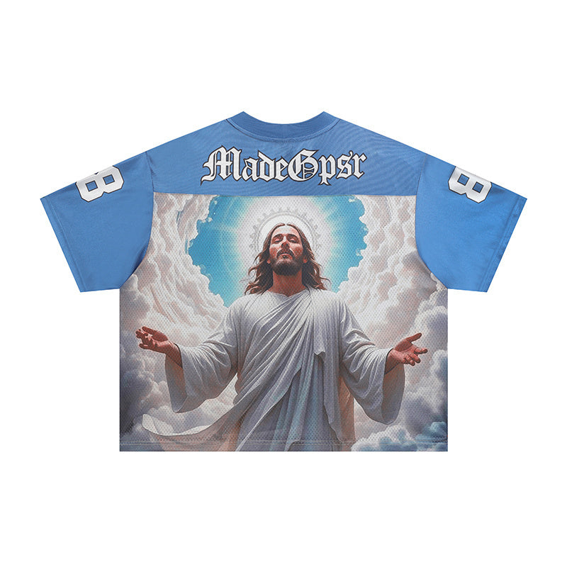 Made Gpsr Sacred Art Jesus Football Jersey | Blue Graphic