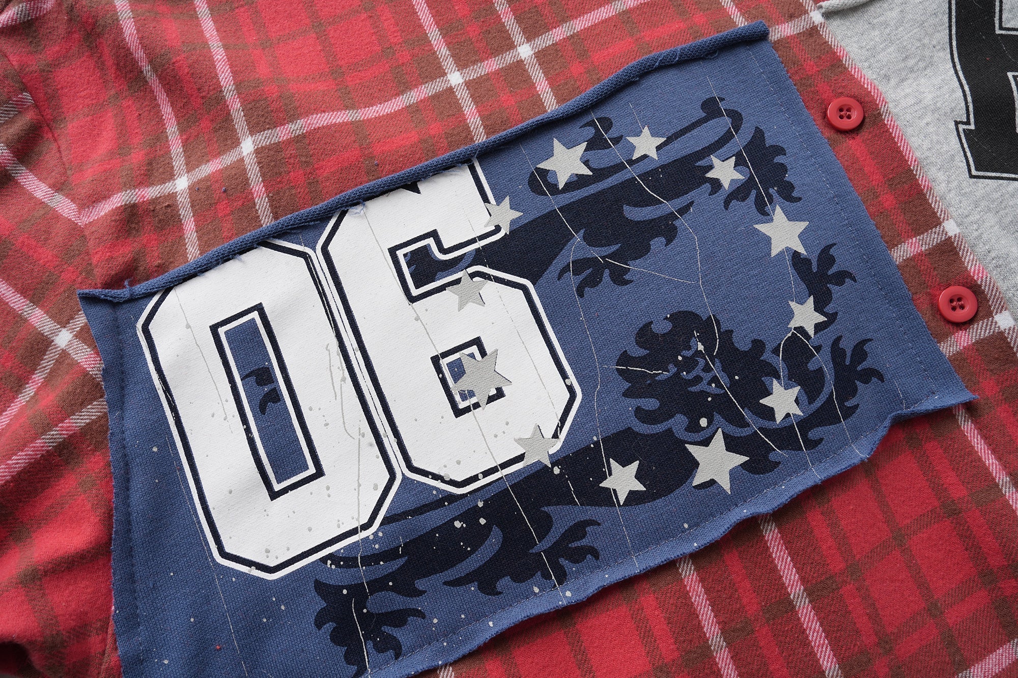 Red Plaid Patchwork Flannel Shirt | Varsity Chest Panels