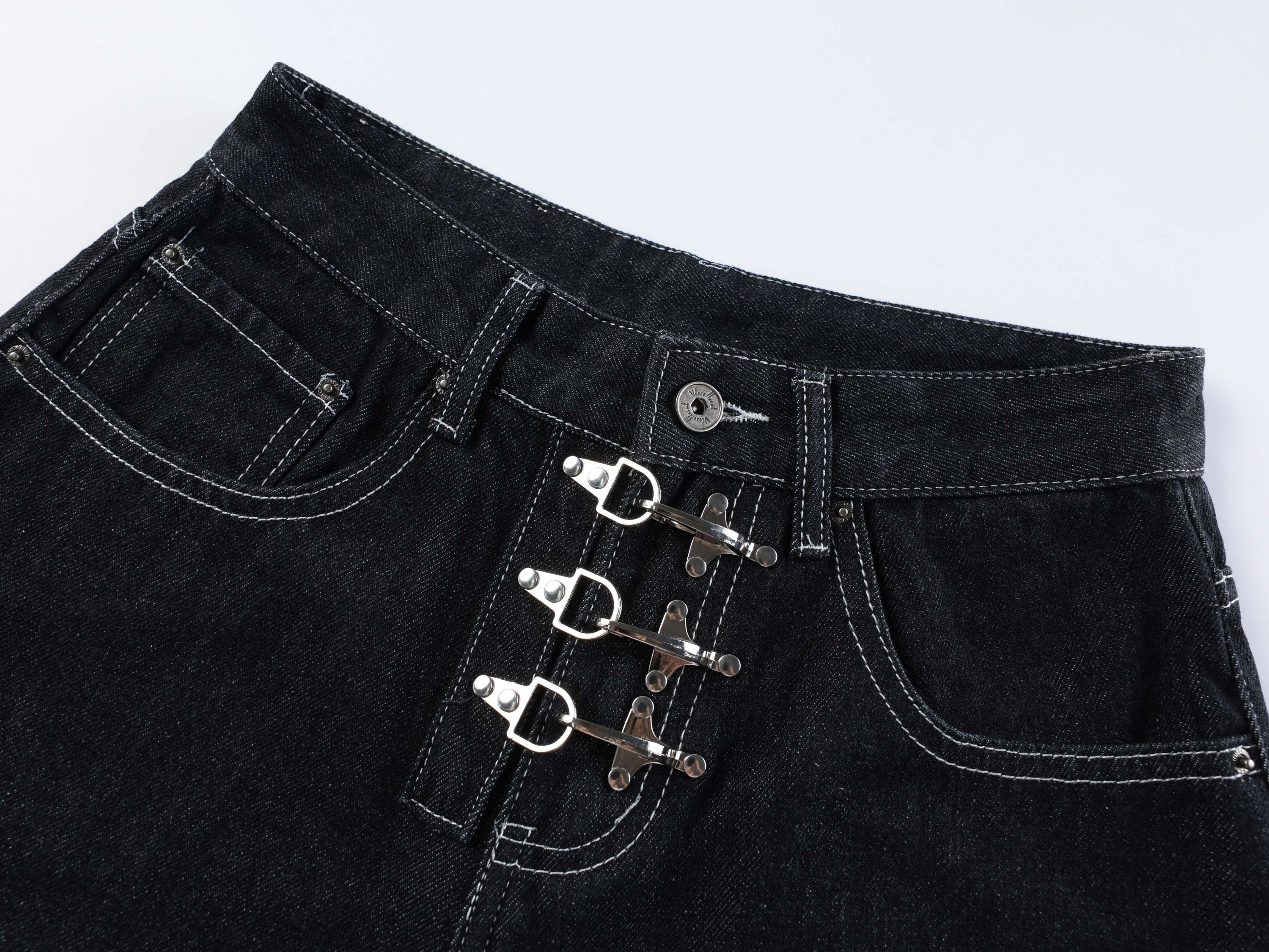 Wide-Leg Buckle Denim Shorts | Dark Wash Streetwear
