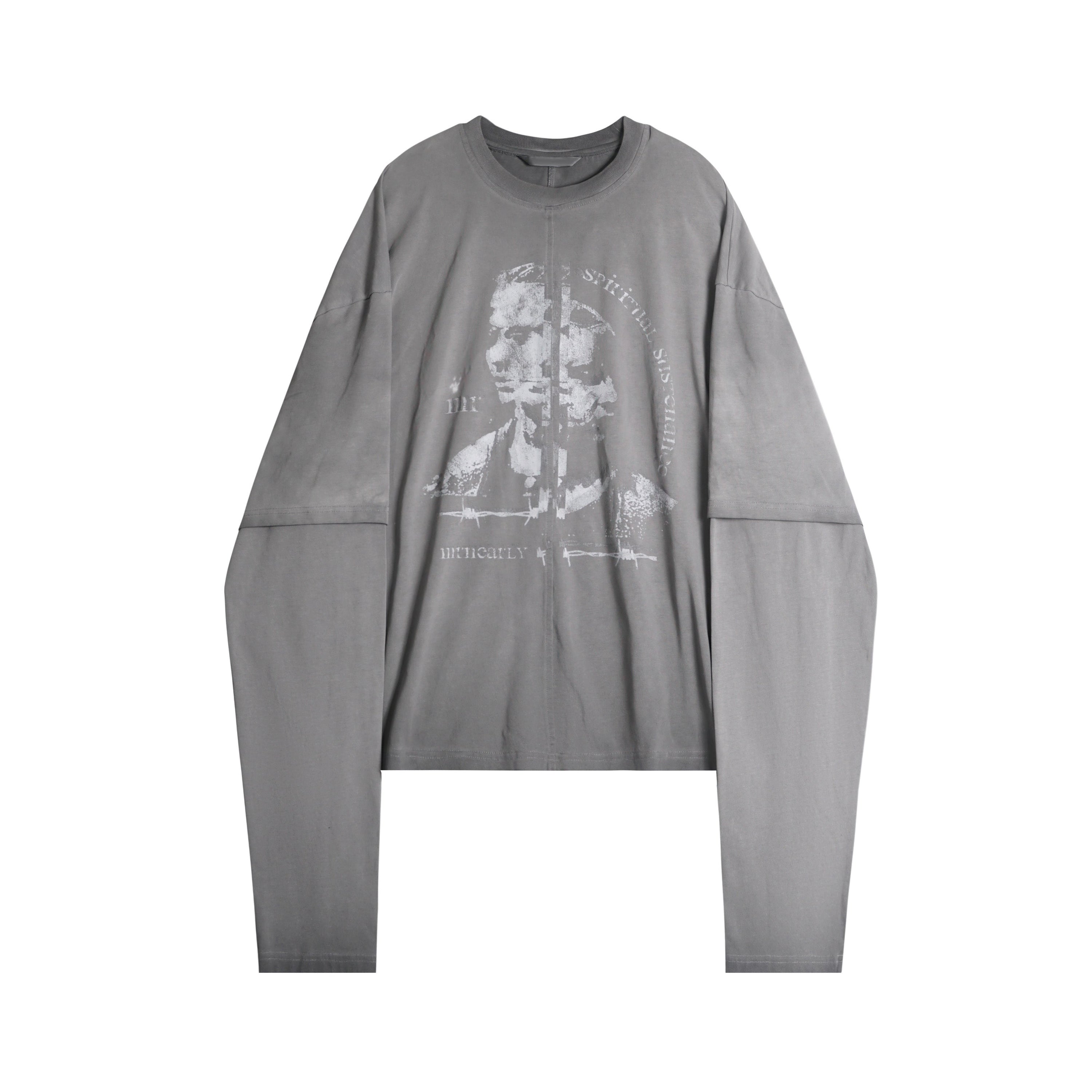 Omirad washed grey oversized long sleeve tee with faded portrait graphic and layered double-sleeve construction, front view