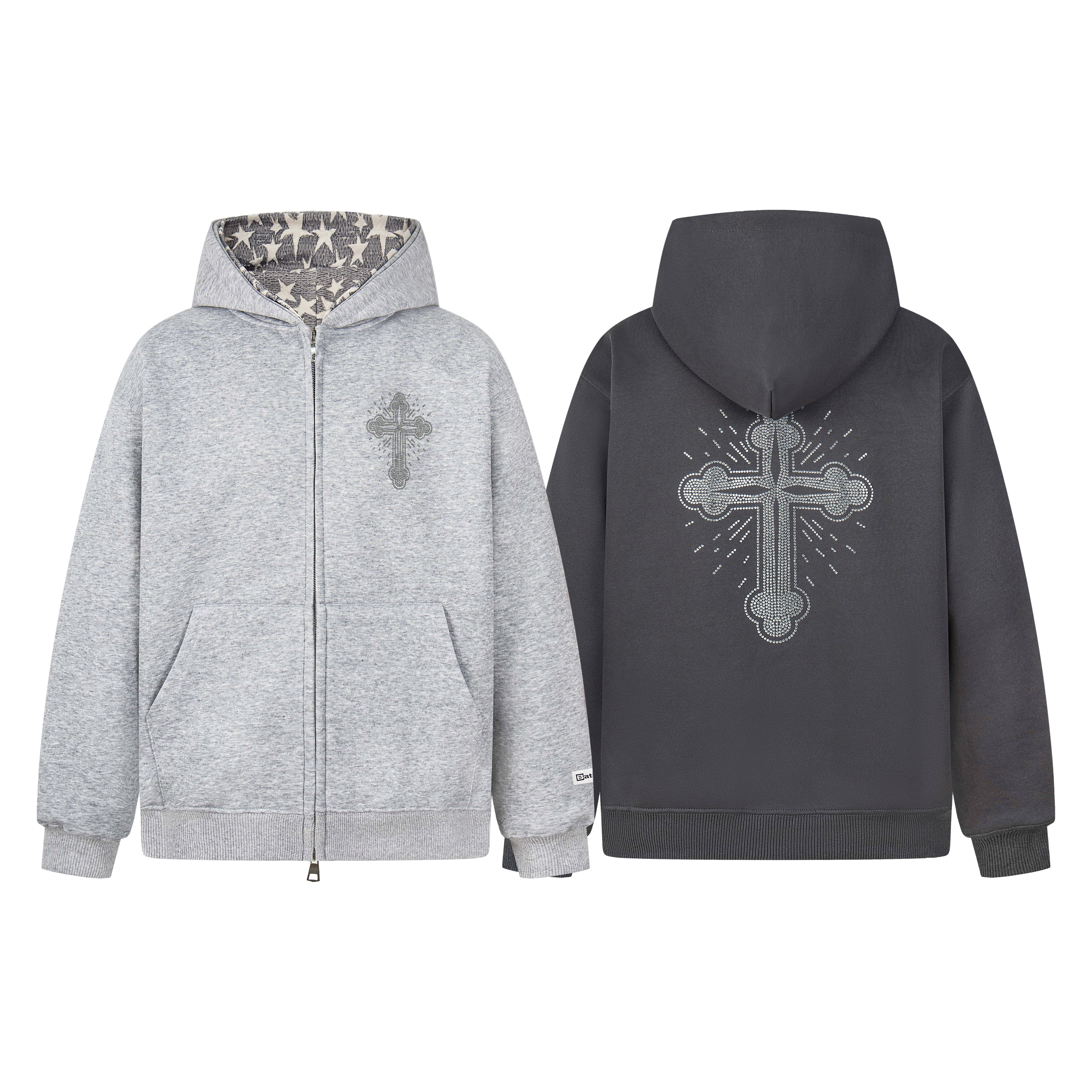 Heather grey rhinestone cross zip hoodie with star-pattern hood lining, front and back view on white background