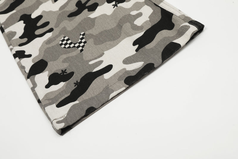 Close-up of pant hem on grey camouflage cargo pants