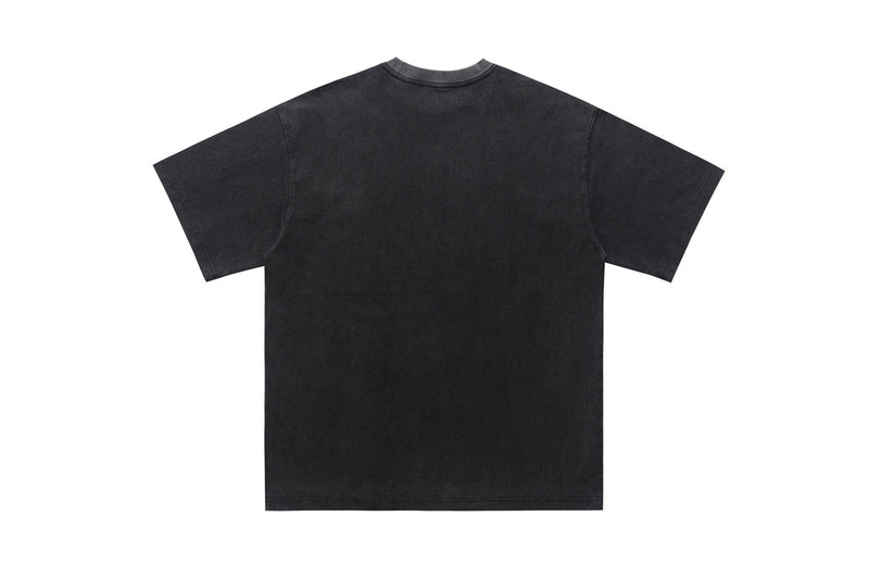 Black vintage wash graphic T-shirt with a relaxed fit and faded streetwear finish, shown flat on a white background