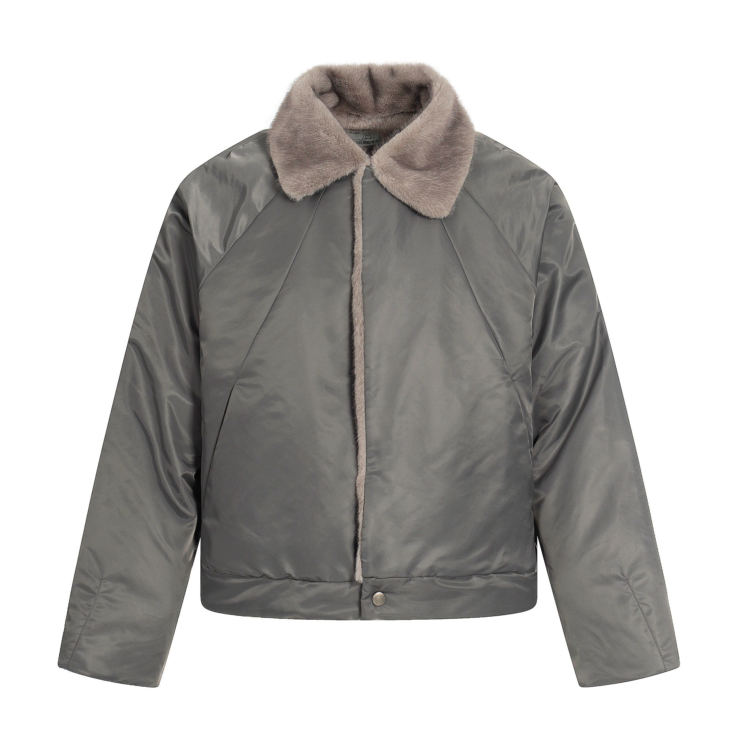 Faux Fur Collar Cropped Nylon Jacket | Smoke Gray & Black