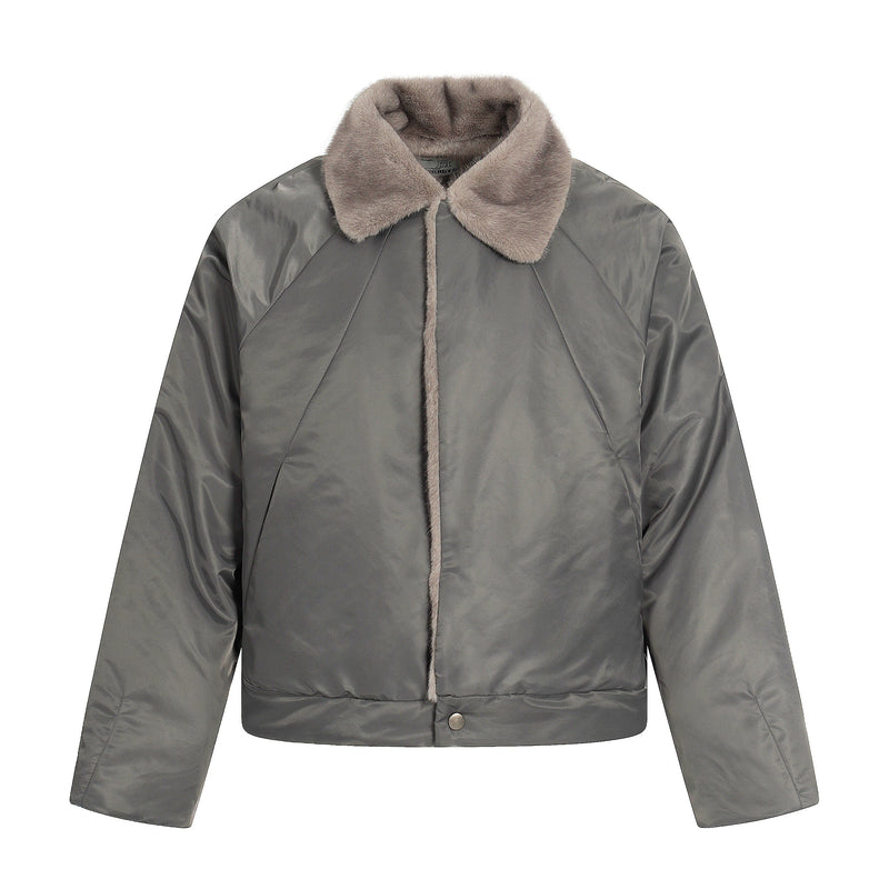 Faux Fur Collar Cropped Nylon Jacket | Smoke Gray & Black