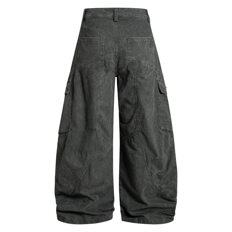 Dark gray cargo pants, back view with wide legs and side pockets
